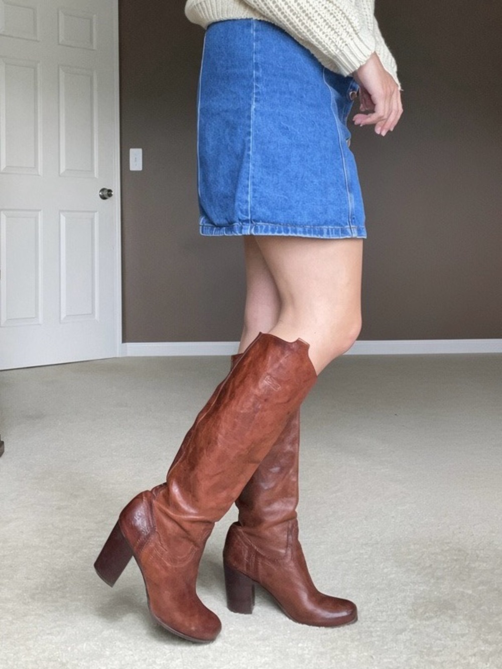Frye Carson Heel Tab Cognac Leather Knee High Boots Size US 8.5